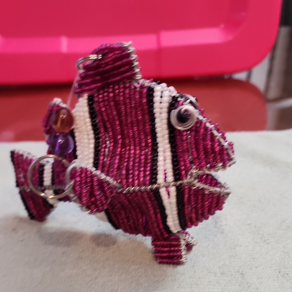 Handcrafted Beaded Fish Decor - Pink and White